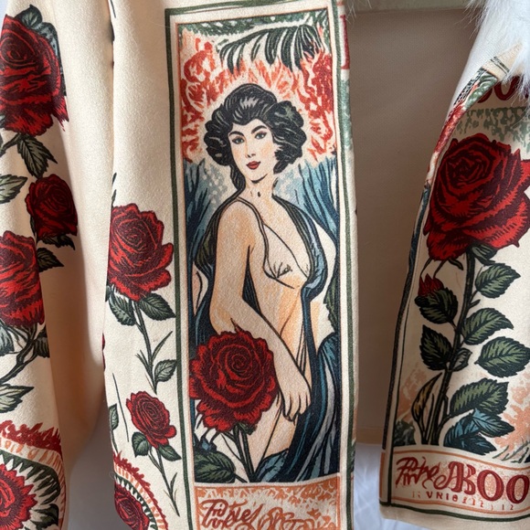 Fur trim collar penny lane eclectic boho jacket coat printed Spanish floral rose - Picture 3 of 4